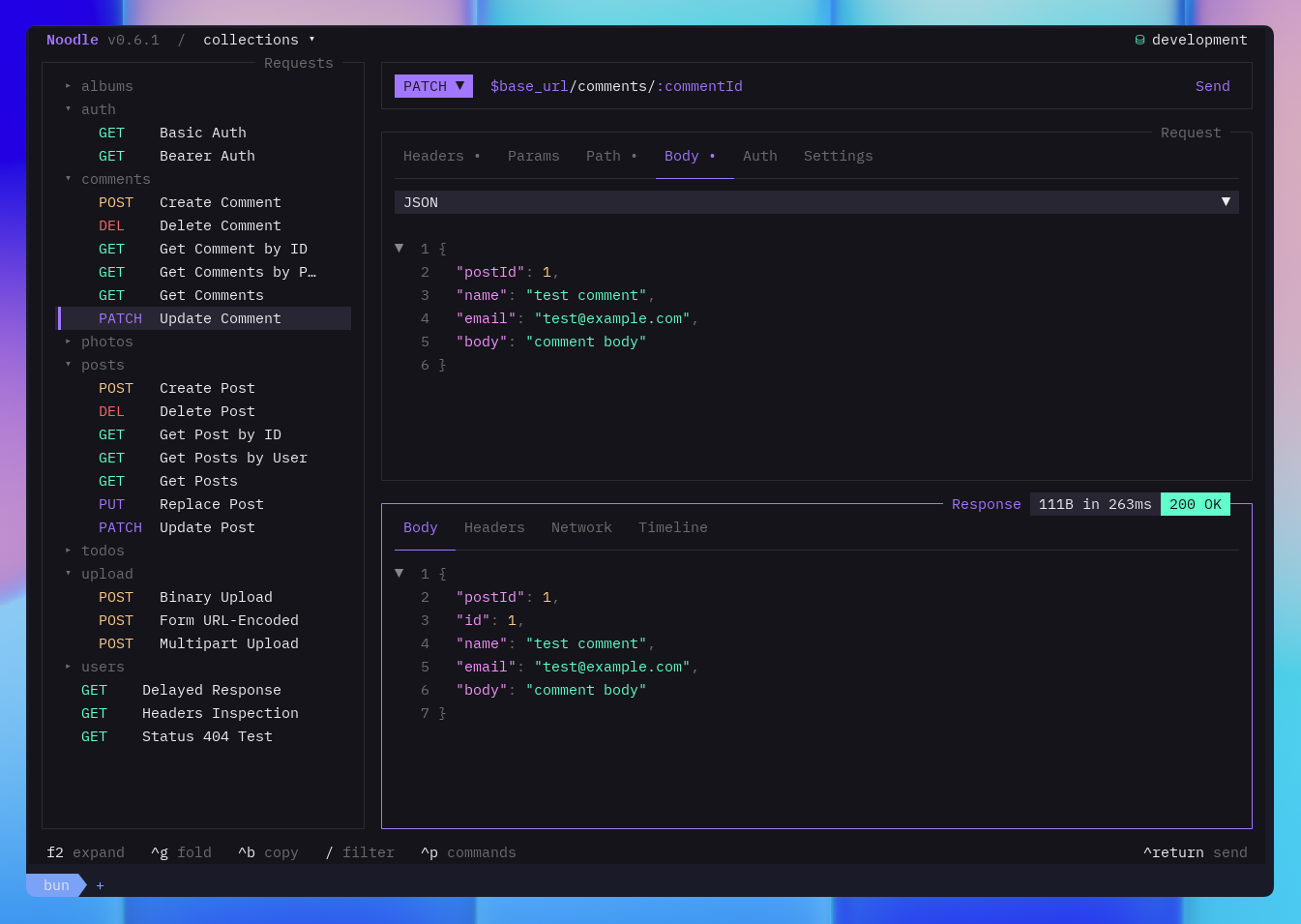 the Noodle TUI: a collection tree on the left, a PATCH request with a
JSON body in the middle, and the 200 OK response below it